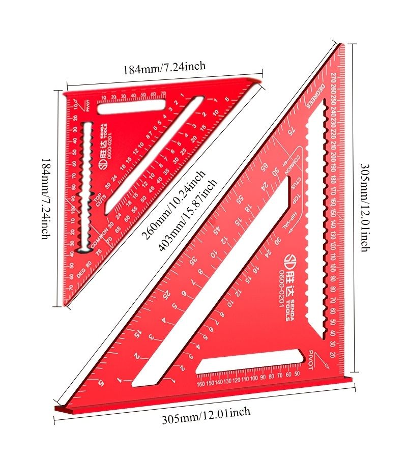 Thickened Speed Square 90 Degree 45 Degree Right Angle Ruler Dual Scale Metric Imperial Laser Etched Red 7 Inch For Woodworking Carpentry - Image 4