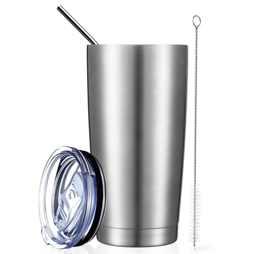 COMOOO 20oz Tumbler with Straw Stainless Steel Insulated Coffee Tumbler Cups Double Wall Vacuum Travel Coffee Mug with Splash Proof Sliding Lid for Hot Cold Drinks (Silver, 1 Pack) - Image 1