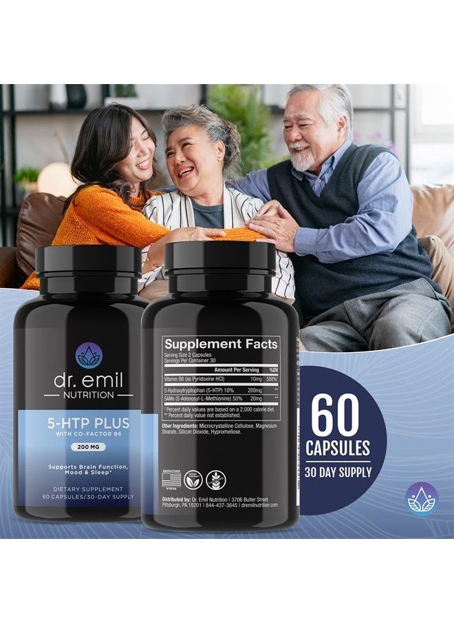DR EMIL NUTRITION - 200 MG 5-HTP Plus with SAM-e to Maintain Normal Healthy Sleep and Create a Sense of Wellbeing - 5HTP Supplement with Vitamin B6-60 Vegan Capsules, 30 Servings - Image 1