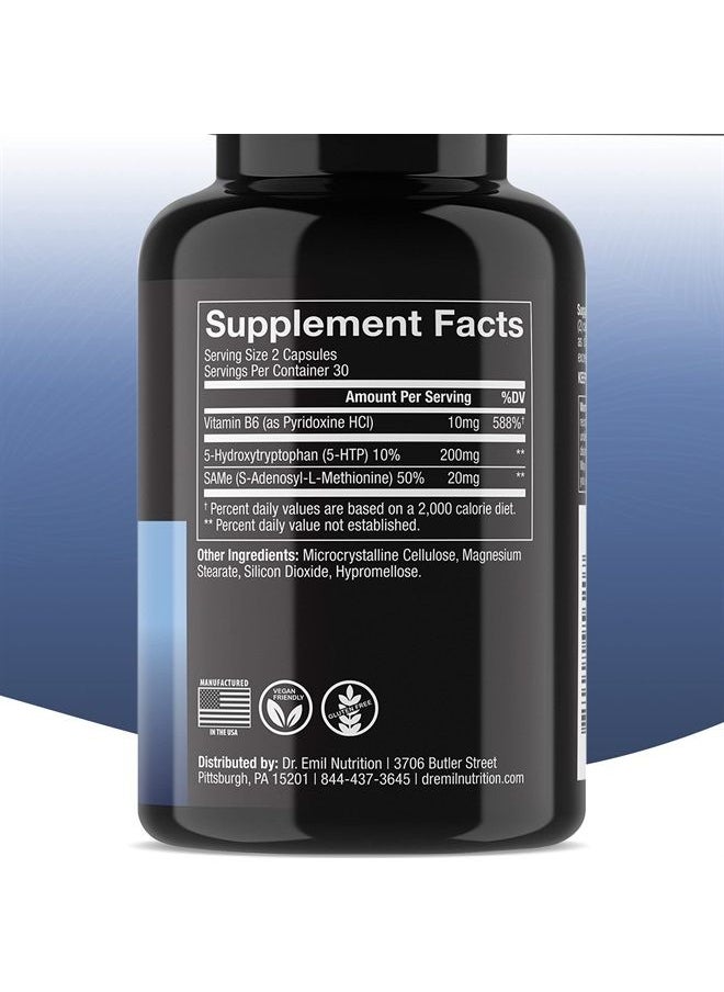 DR EMIL NUTRITION - 200 MG 5-HTP Plus with SAM-e to Maintain Normal Healthy Sleep and Create a Sense of Wellbeing - 5HTP Supplement with Vitamin B6-60 Vegan Capsules, 30 Servings - Image 1