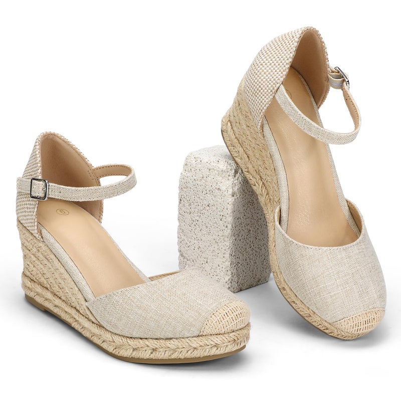 mysoft Women's Platform Espadrille Wedge Sandals Closed Toe Buckle Ankle Strap Comfortable Summer Shoes Beige size 7 - Image 5