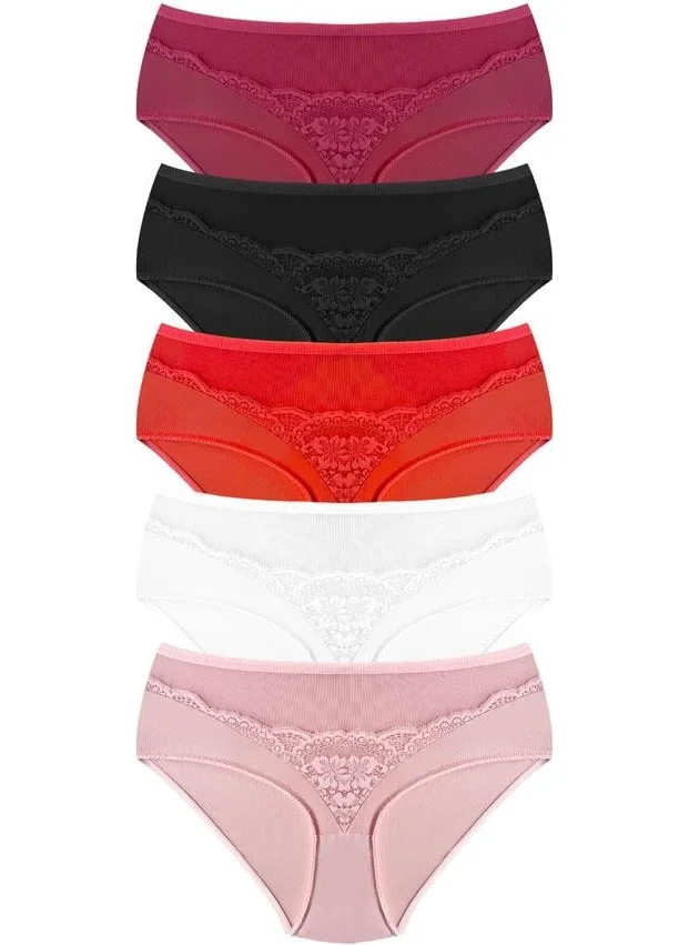 COTTONHILL Transparent Tulle Lace Detailed Plus Size Women's Bikini Panties with Elastic Waist 5 Pack