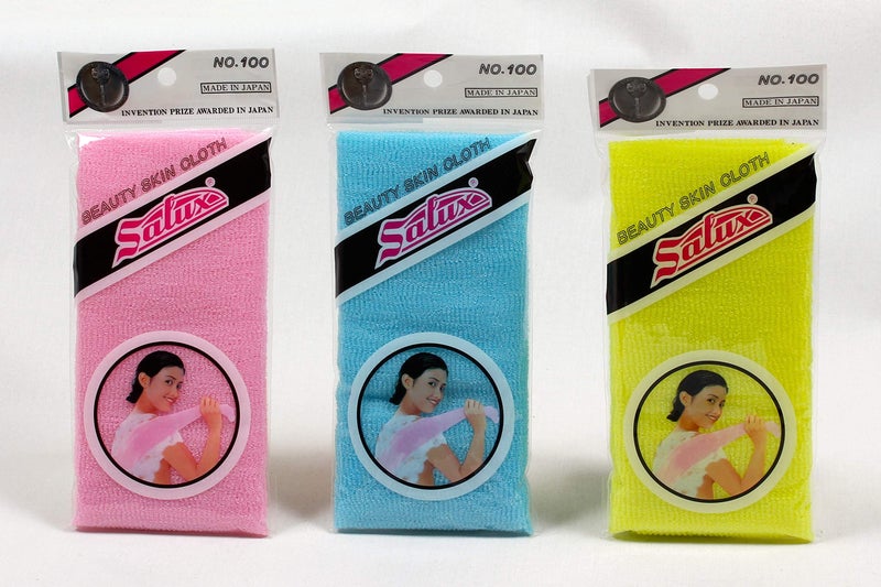 سالوكس Salux Nylon Japanese Beauty Skin Bath Bath Wash Cloth 3 Count Pink Yellow Blue - Image 1