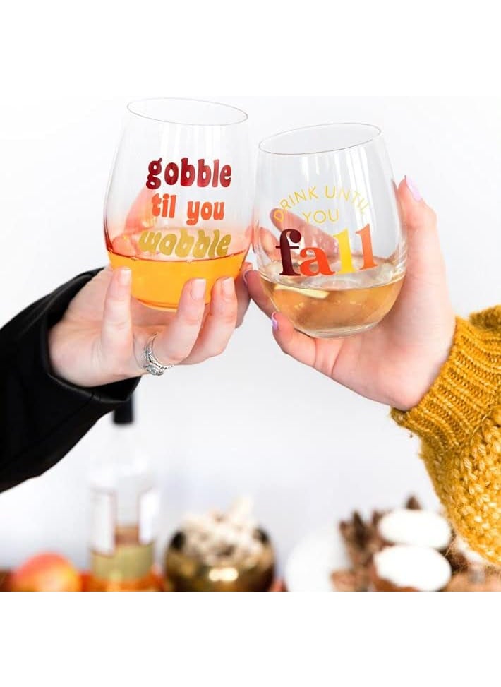 pearhead Pearhead Gobble Til You Wobble Gradient Orange Thanksgiving Seasonal Fall Home Deor Accessory Holiday Stemless Wine Glass 15oz  - Image 4