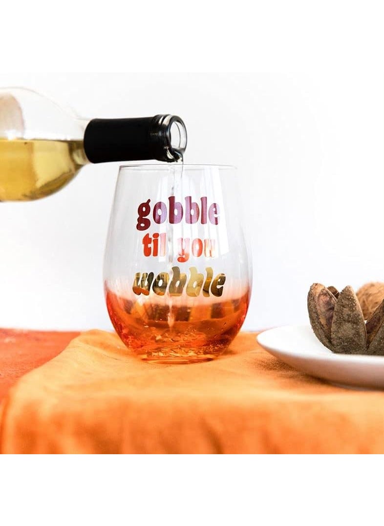 pearhead Pearhead Gobble Til You Wobble Gradient Orange Thanksgiving Seasonal Fall Home Deor Accessory Holiday Stemless Wine Glass 15oz  - Image 2