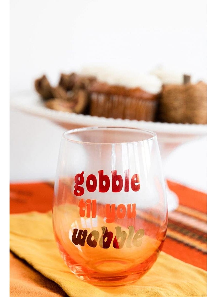 pearhead Pearhead Gobble Til You Wobble Gradient Orange Thanksgiving Seasonal Fall Home Deor Accessory Holiday Stemless Wine Glass 15oz  - Image 3
