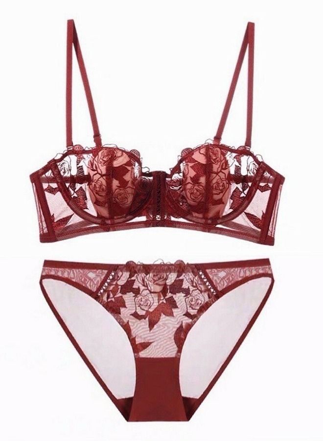 Loquat Solid Color Ultra Thin Cup Floral Embroidered Lace Bra And Panty Set Dark Red 