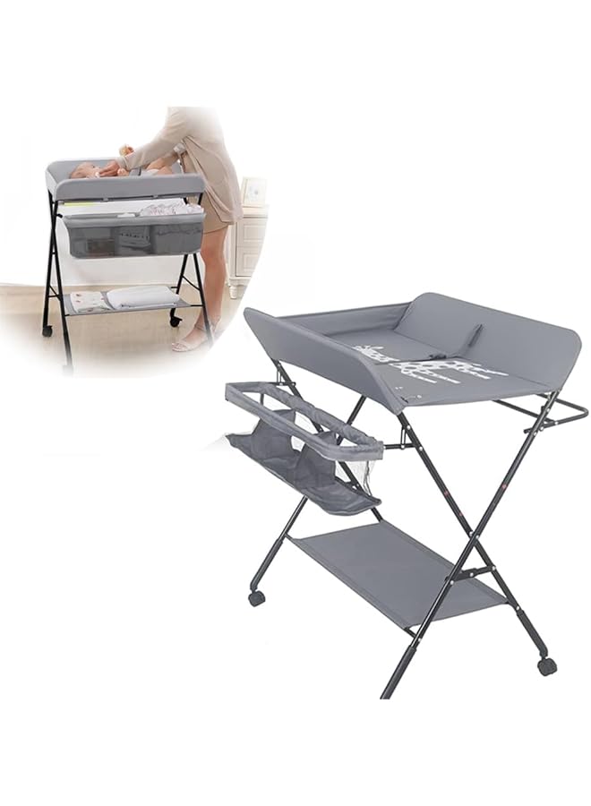 DMG TECH Portable Baby Changing Table Waterproof Diaper Changing Table With Wheels Adjustable Height Folding Diaper Station With Safety Belt Large Storage Racks For Newborn Baby And Infant - Image 1