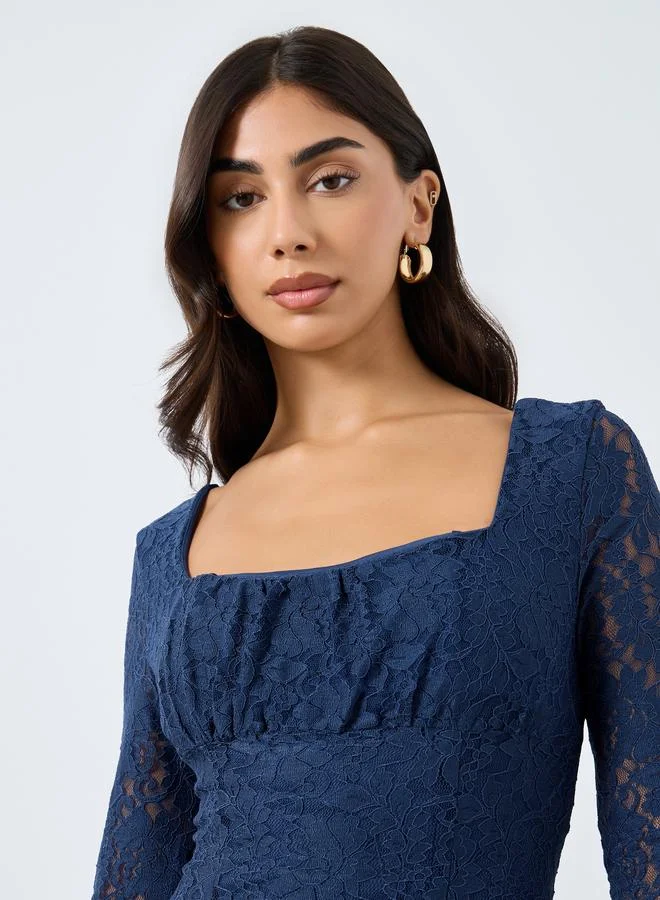 Styli Blue Styli All Lace Long Sleeves Mermaid Hem Maxi Dress for Women | Best Price UAE