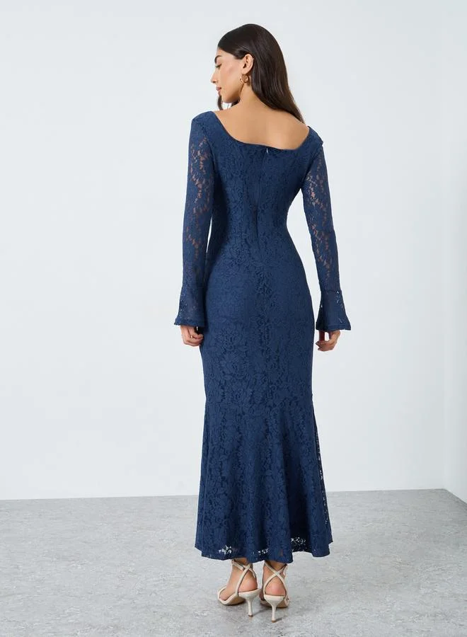 Styli Blue Styli All Lace Long Sleeves Mermaid Hem Maxi Dress for Women | Best Price UAE