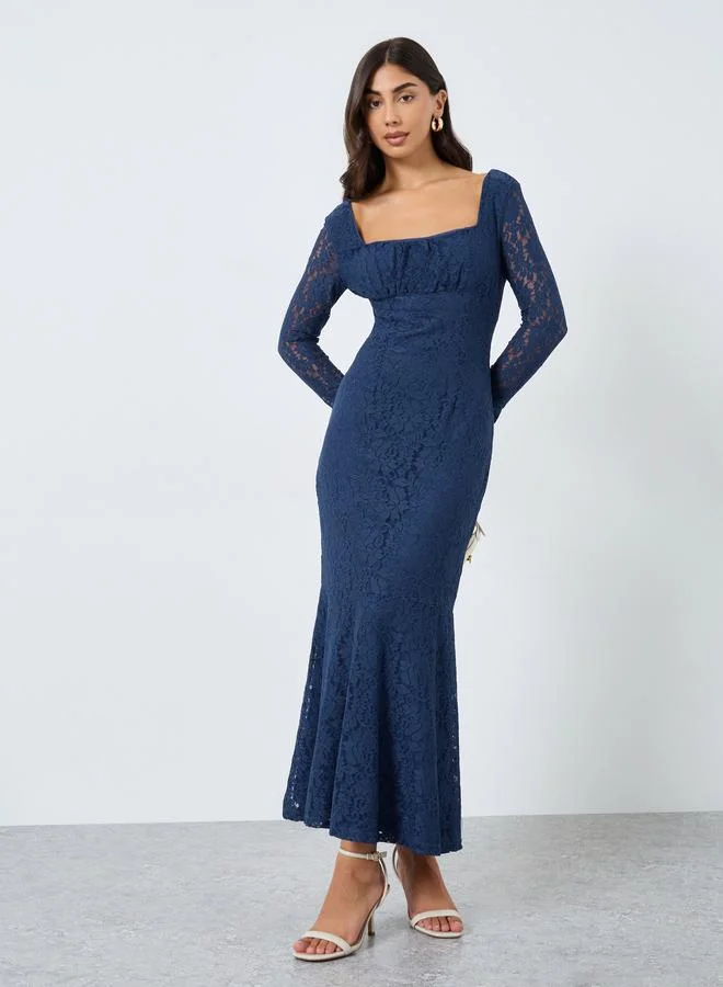 Styli Blue Styli All Lace Long Sleeves Mermaid Hem Maxi Dress for Women | Best Price UAE