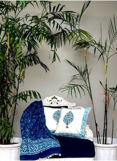 OJARIYA Iris Blue and White Cotton Hand Block Printed Cushion Cover 40 X 40 Cm  - Image 1