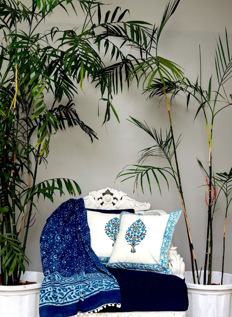 OJARIYA Iris Blue and White Cotton Hand Block Printed Cushion Cover 40 X 40 Cm  - Image 1