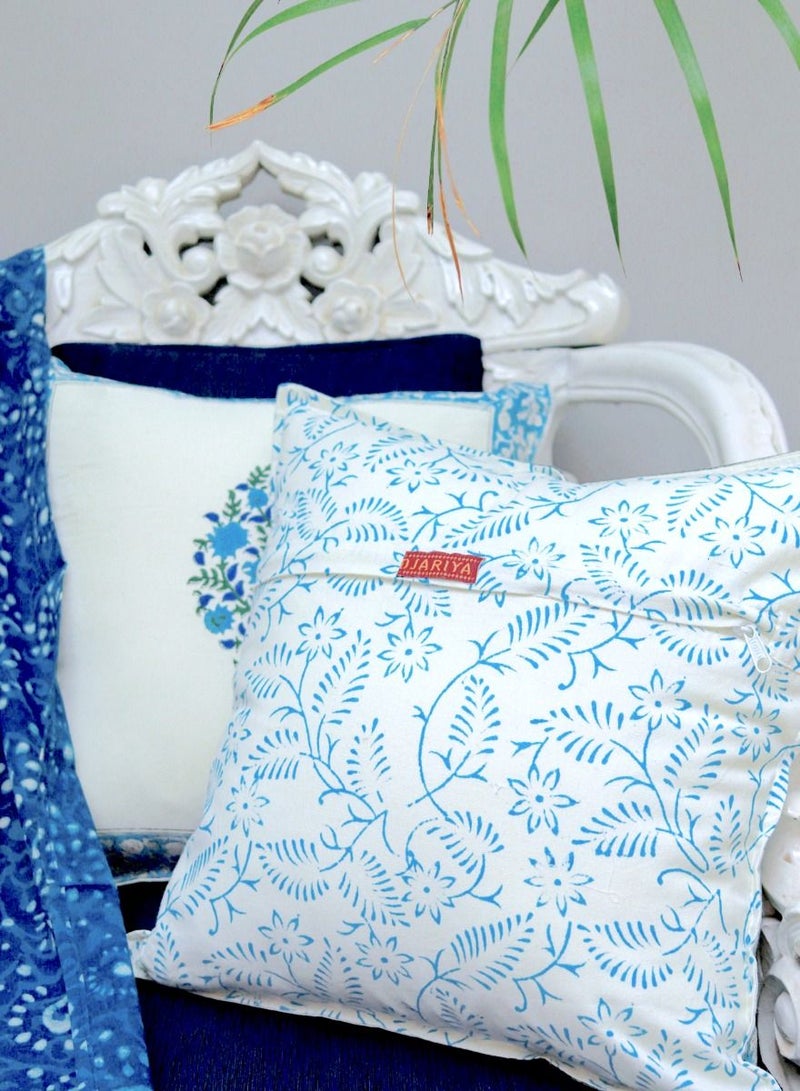 OJARIYA Iris Blue and White Cotton Hand Block Printed Cushion Cover 40 X 40 Cm  - Image 4