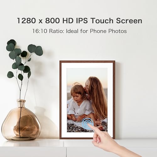 Pastigio Digital Picture Frame, 10.1'' Frameo Digital Frame Wifi, 32GB Memory, 1280*800 HD Touch Screen Digital Photo Frame, Wall Mountable, Share Instantly, Birthday Gifts for Women, Mom Gift, Chocolate Brown - Image 5