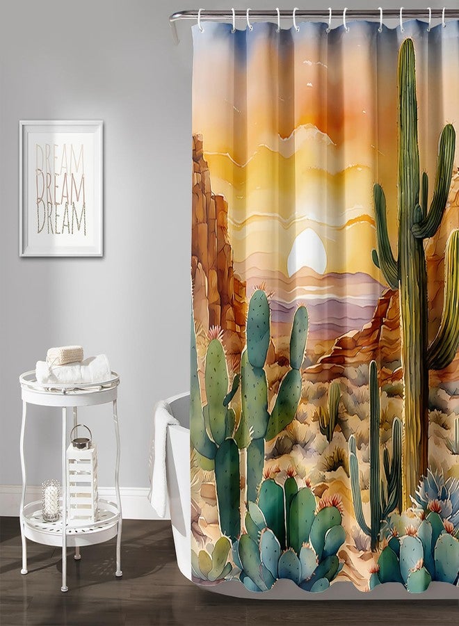 AILONEN Watercolor Cactus Shower Curtain,Orange Succulent Flower Waterproof Shower Curtains Set for Boys Kids Teens, 72" W*72" H Sunset Mountains Cactus Forest Shower Curtain - Image 2
