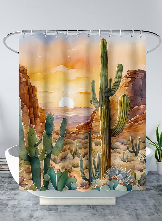 AILONEN Watercolor Cactus Shower Curtain,Orange Succulent Flower Waterproof Shower Curtains Set for Boys Kids Teens, 72" W*72" H Sunset Mountains Cactus Forest Shower Curtain - Image 1