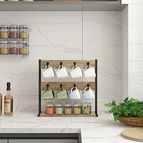 IBUYKE Wood Coffee Mug Holder for Countertop,16 Hook Mug Tree Holder Rack with Storage Base,Mug Display Organizer,Mug Holders for Home Kitchen,Greige UTBJ001Y - Image 3