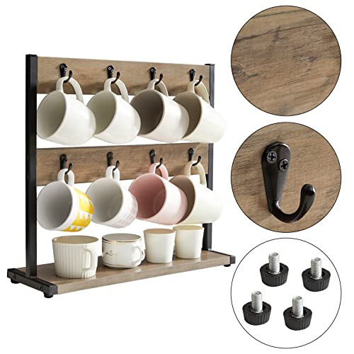 IBUYKE Wood Coffee Mug Holder for Countertop,16 Hook Mug Tree Holder Rack with Storage Base,Mug Display Organizer,Mug Holders for Home Kitchen,Greige UTBJ001Y - Image 4