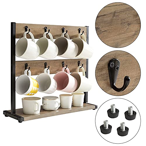 IBUYKE Wood Coffee Mug Holder for Countertop,16 Hook Mug Tree Holder Rack with Storage Base,Mug Display Organizer,Mug Holders for Home Kitchen,Greige UTBJ001Y - Image 5