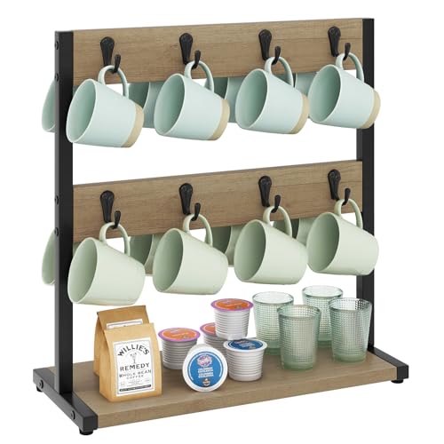 IBUYKE Wood Coffee Mug Holder for Countertop,16 Hook Mug Tree Holder Rack with Storage Base,Mug Display Organizer,Mug Holders for Home Kitchen,Greige UTBJ001Y - Image 1