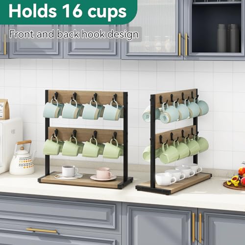 IBUYKE Wood Coffee Mug Holder for Countertop,16 Hook Mug Tree Holder Rack with Storage Base,Mug Display Organizer,Mug Holders for Home Kitchen,Greige UTBJ001Y - Image 2