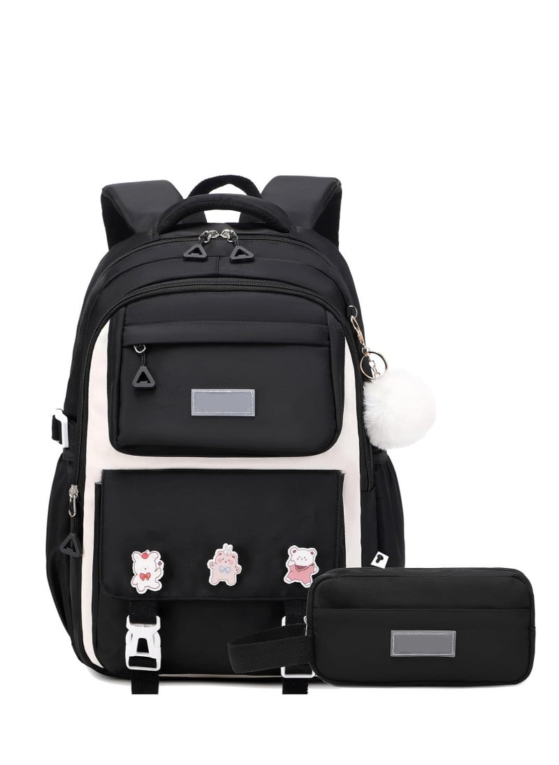 Excefore School Book Bag Set, Plush Pendant Canvas Combo, School Backpack Bag, Pencil Case, Girls schoolbag School Shoulder Bags Backpack - Black  - Image 1