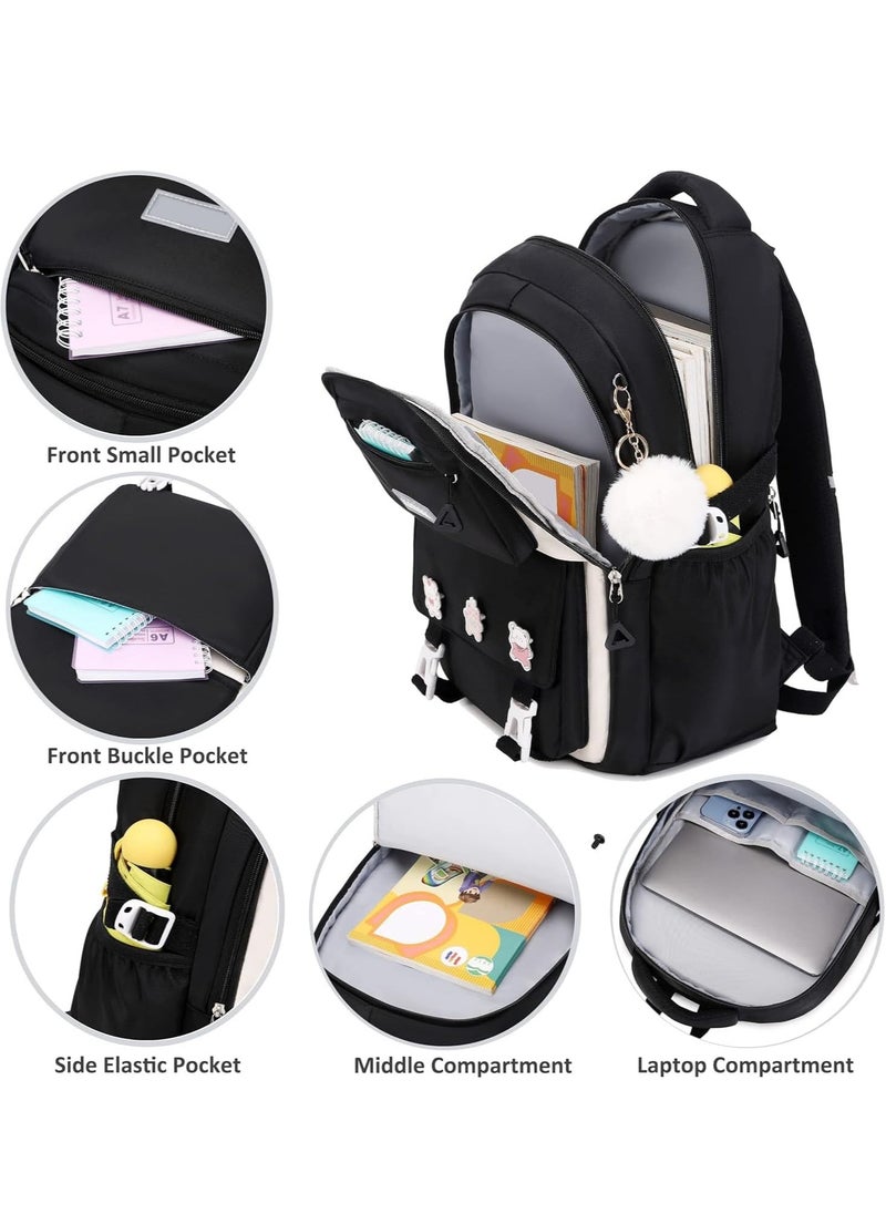 Excefore School Book Bag Set, Plush Pendant Canvas Combo, School Backpack Bag, Pencil Case, Girls schoolbag School Shoulder Bags Backpack - Black  - Image 3