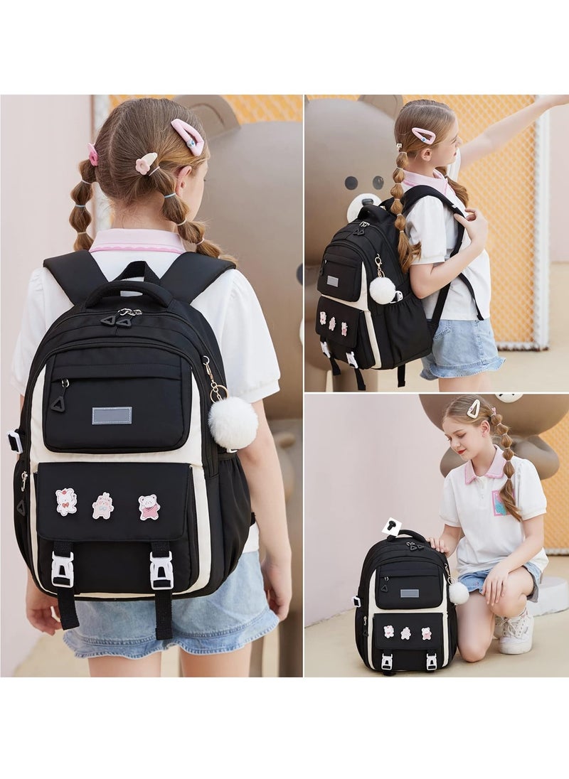 Excefore School Book Bag Set, Plush Pendant Canvas Combo, School Backpack Bag, Pencil Case, Girls schoolbag School Shoulder Bags Backpack - Black  - Image 2