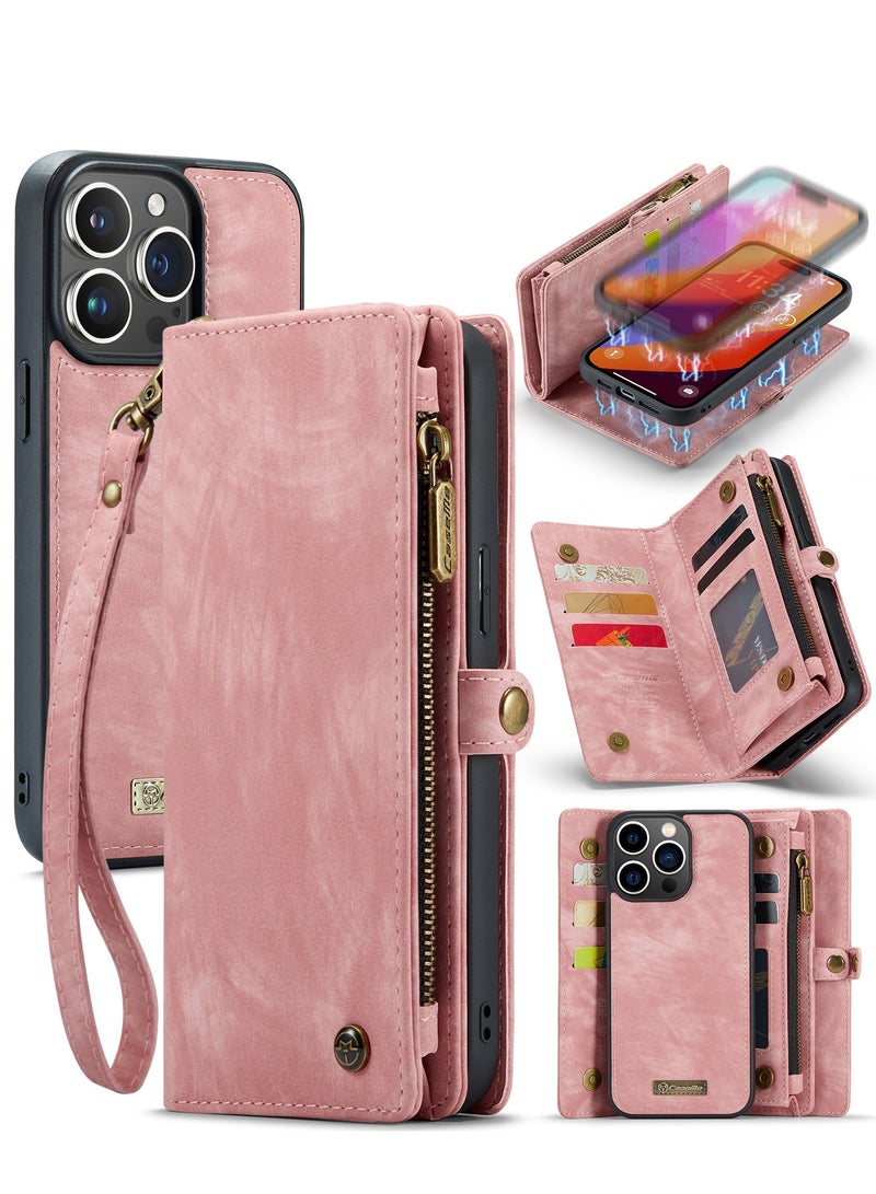 CaseMe Protective Phone Cover Case Wallet Case For Apple iPhone 15 Pro Max, 2 in 1 Detachable Premium Leather Magnetic Zipper Pouch Wristlet Flip Phone Case (Pink) - Image 1
