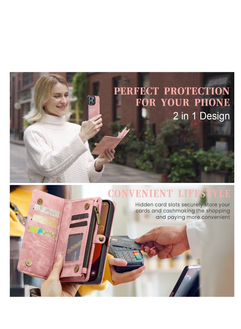 CaseMe Protective Phone Cover Case Wallet Case For Apple iPhone 15 Pro Max, 2 in 1 Detachable Premium Leather Magnetic Zipper Pouch Wristlet Flip Phone Case (Pink) - Image 2