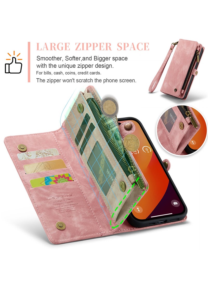 CaseMe Protective Phone Cover Case Wallet Case For Apple iPhone 15 Pro Max, 2 in 1 Detachable Premium Leather Magnetic Zipper Pouch Wristlet Flip Phone Case (Pink) - Image 3