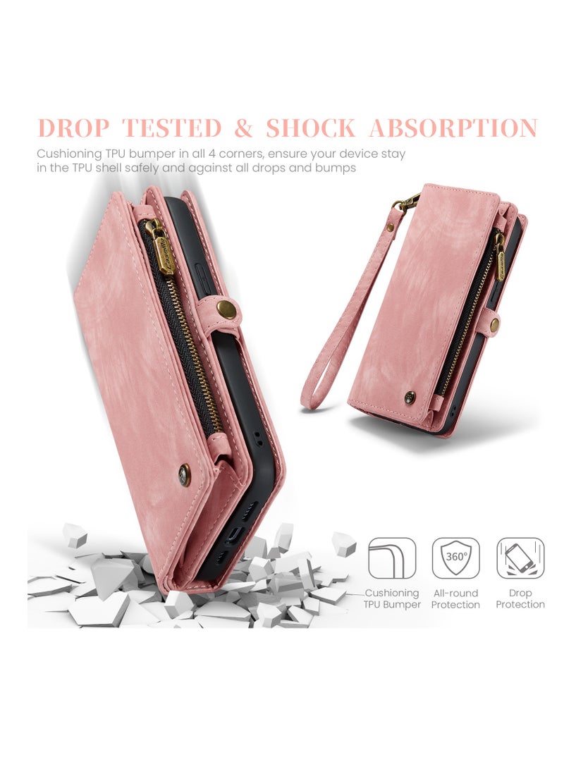 CaseMe Protective Phone Cover Case Wallet Case For Apple iPhone 15 Pro Max, 2 in 1 Detachable Premium Leather Magnetic Zipper Pouch Wristlet Flip Phone Case (Pink) - Image 4