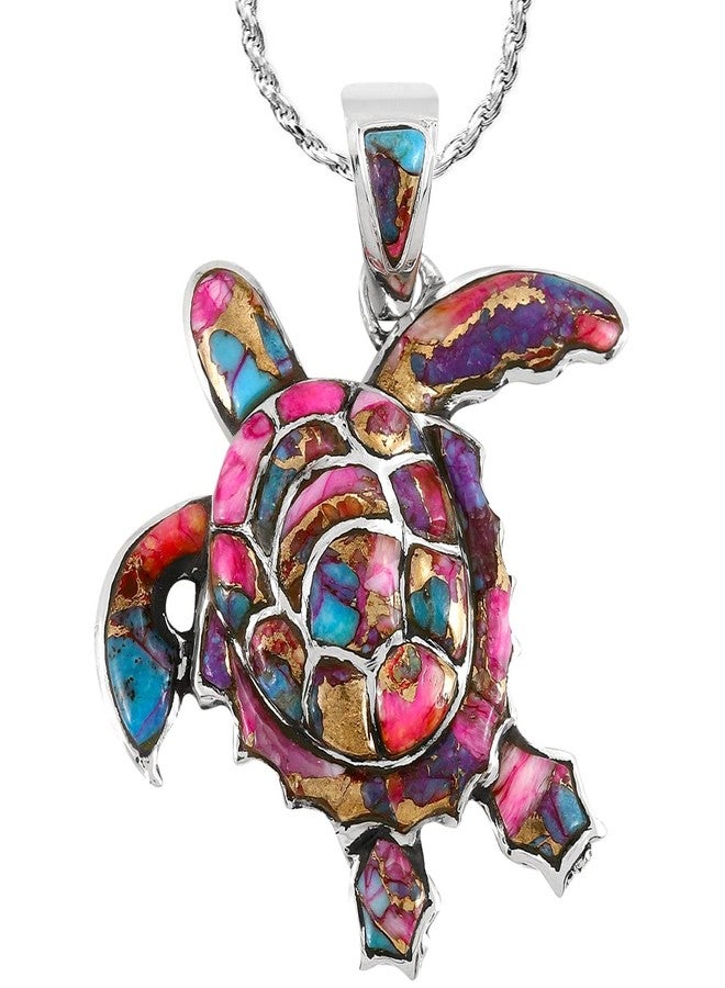 Turquoise Network Turtle Pendant Necklace 925 Sterling Silver Genuine Gemstones & 20" Chain (Rainbow Spiny Turquoise) - Image 1