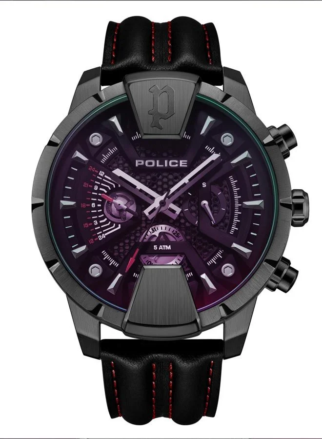 بوليس Mens Huntley Leather Strap Chronograph Wrist Watch PEWJF2203704 45mm Black