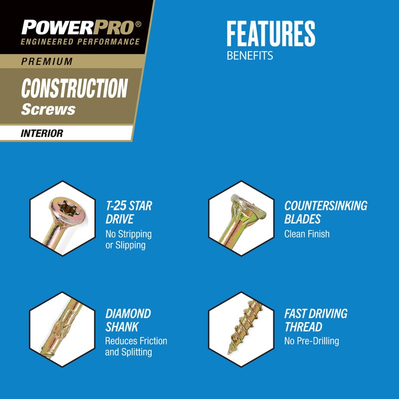 Power Pro 48881 Wood Screws, 9 x 3, Premium Star Drive Indoor Cabinet Screws, Gold Yellow Zinc, 12lb Tub, 1000 pcs, White - Image 2