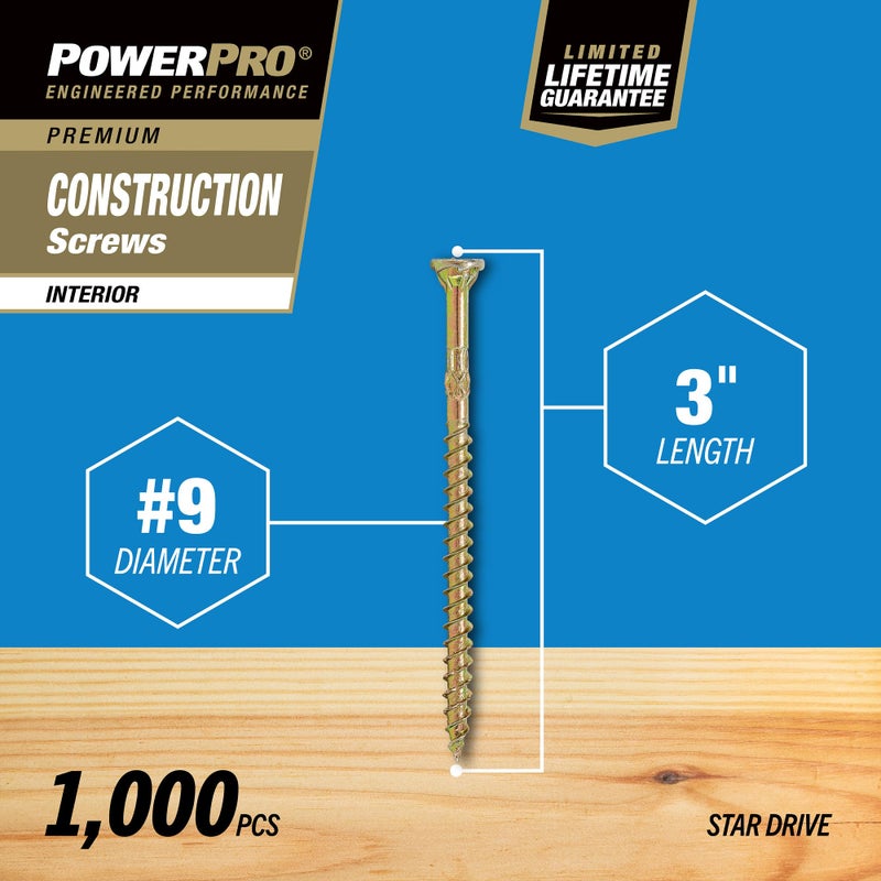 Power Pro 48881 Wood Screws, 9 x 3, Premium Star Drive Indoor Cabinet Screws, Gold Yellow Zinc, 12lb Tub, 1000 pcs, White - Image 4