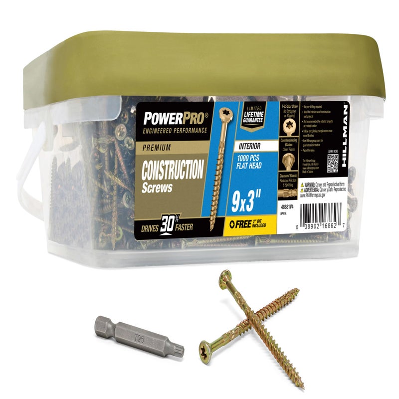 Power Pro 48881 Wood Screws, 9 x 3, Premium Star Drive Indoor Cabinet Screws, Gold Yellow Zinc, 12lb Tub, 1000 pcs, White - Image 1