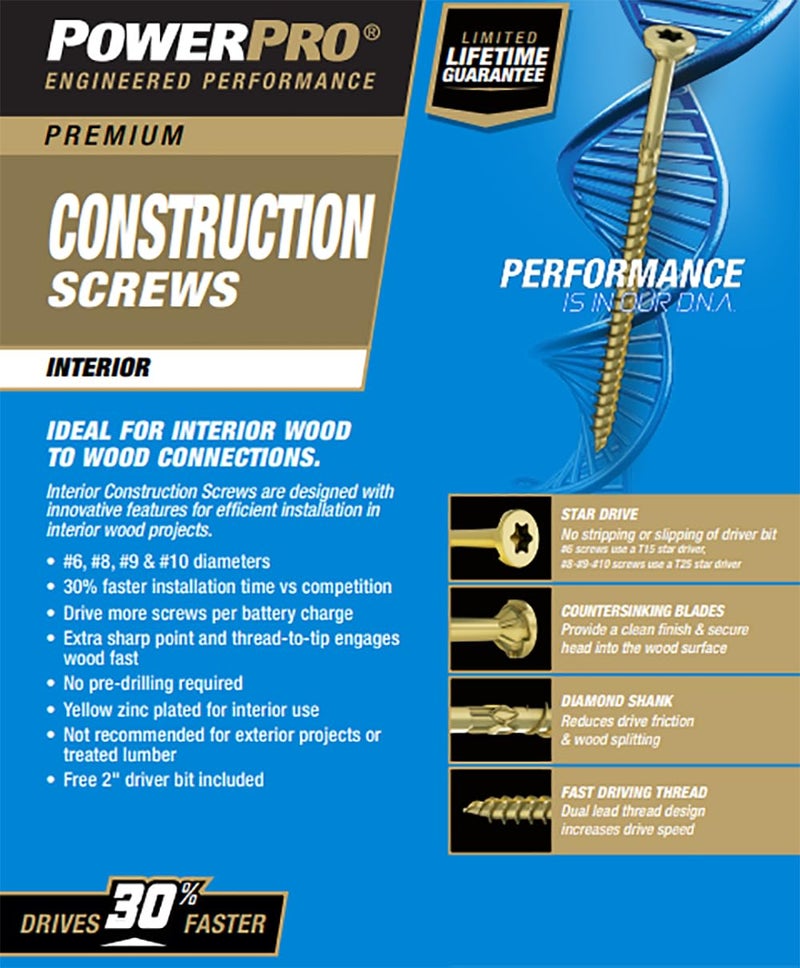 Power Pro 48881 Wood Screws, 9 x 3, Premium Star Drive Indoor Cabinet Screws, Gold Yellow Zinc, 12lb Tub, 1000 pcs, White - Image 3