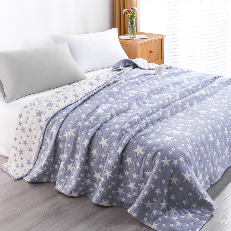 NTBAY 3 Layers Cotton Muslin 88x92 Queen Bed Blanket Super Soft Breathable Thermal Yarn Dyed Quilt for Adults Perfect Lightweight Blanket for Couch Sofa Bed All Seasons Blue Stars