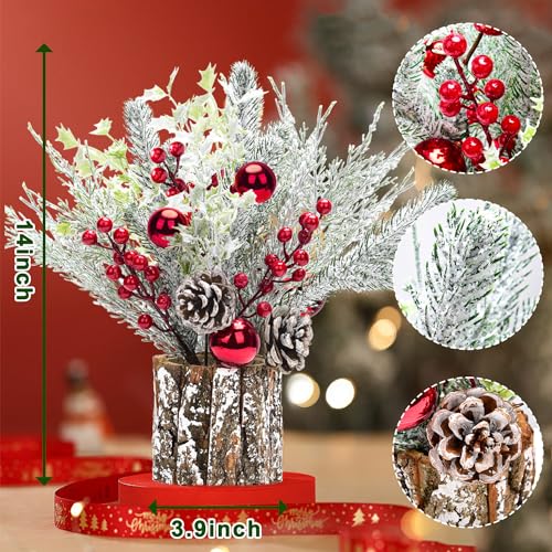 BHLUUIYER 2 Pack Christmas Table Decorations 14 Inch Christmas Centerpiece Small Potted Christmas Tree with Lights Pine Cones and Berries Xmas Artificial Plants for Tables Home Mantel Holiday Decor - Image 3