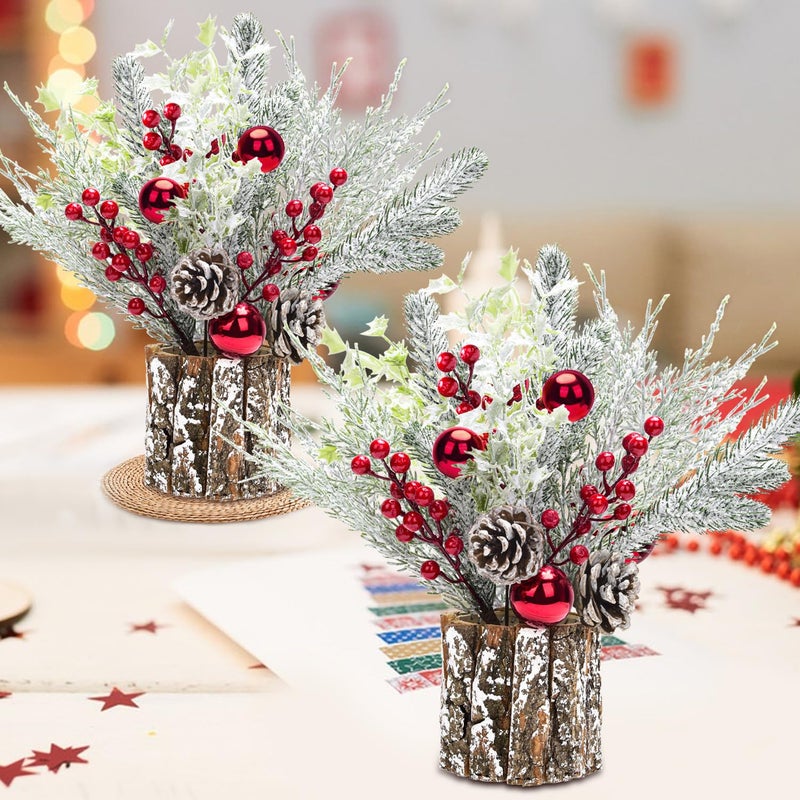 BHLUUIYER 2 Pack Christmas Table Decorations 14 Inch Christmas Centerpiece Small Potted Christmas Tree with Lights Pine Cones and Berries Xmas Artificial Plants for Tables Home Mantel Holiday Decor - Image 2
