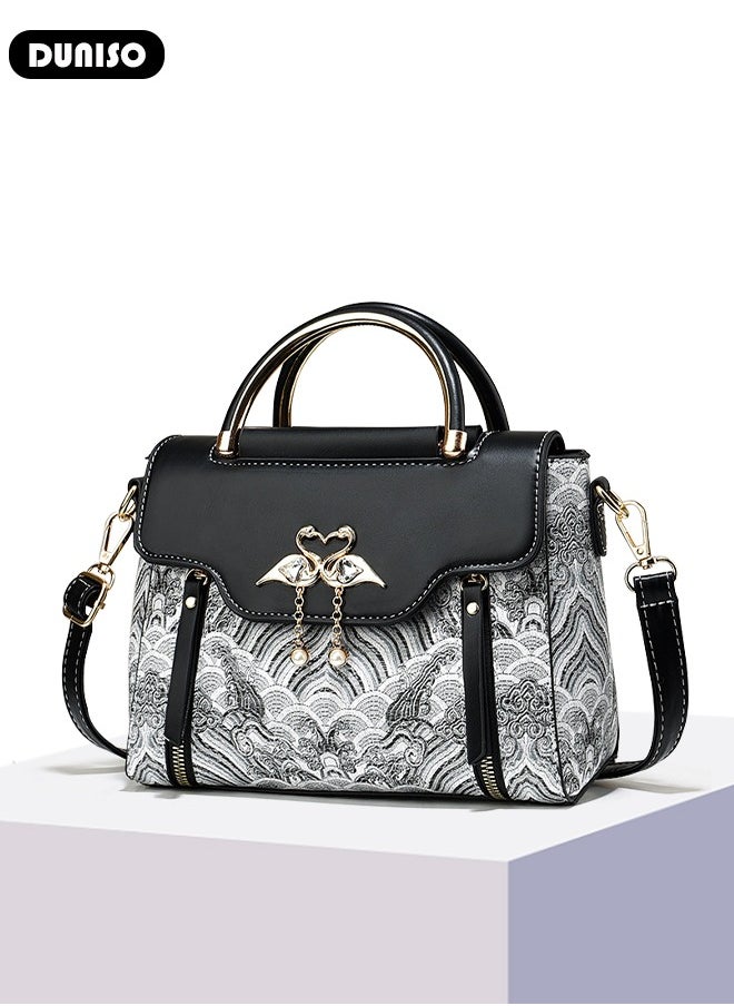 DUNISO Large-capacity Handbags,Vintage Tote Bag,Crossbody Bags for Women,Retro Shoulder Clutch Chinese Style Floral Embroidered Jacquard Women's Evening Bags,PU Leather Cross Body Bag Ladies Wallet Purse  - Image 2