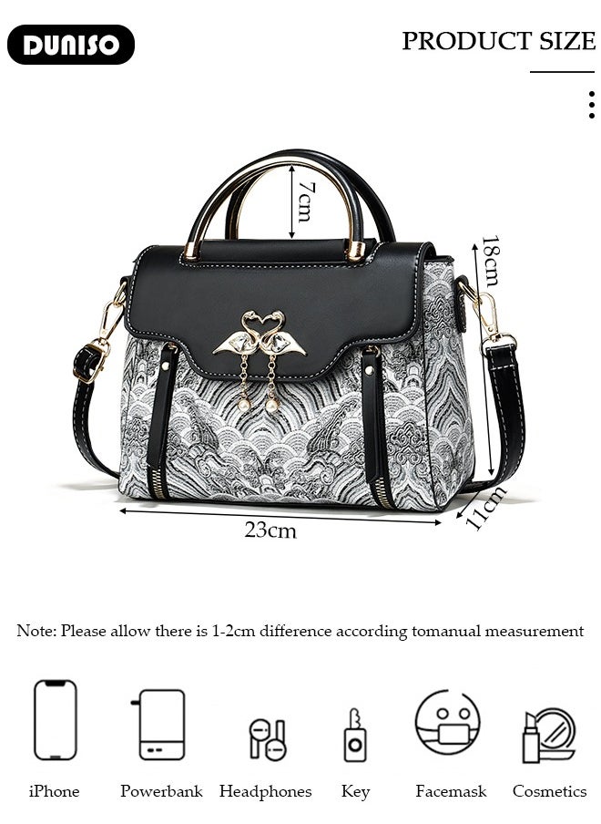 DUNISO Large-capacity Handbags,Vintage Tote Bag,Crossbody Bags for Women,Retro Shoulder Clutch Chinese Style Floral Embroidered Jacquard Women's Evening Bags,PU Leather Cross Body Bag Ladies Wallet Purse  - Image 3