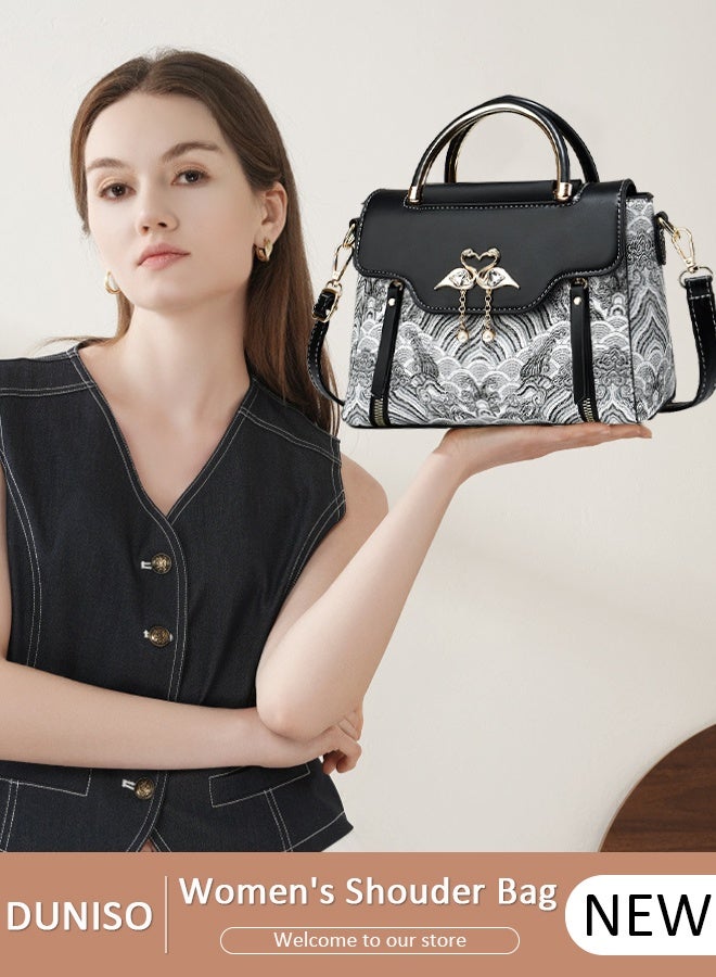 DUNISO Large-capacity Handbags,Vintage Tote Bag,Crossbody Bags for Women,Retro Shoulder Clutch Chinese Style Floral Embroidered Jacquard Women's Evening Bags,PU Leather Cross Body Bag Ladies Wallet Purse - Image 1