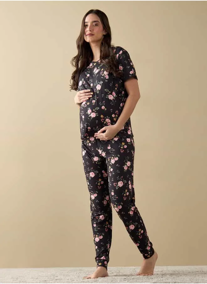 FAV All-Over Floral Print Nursing T-shirt and Pyjama Set
