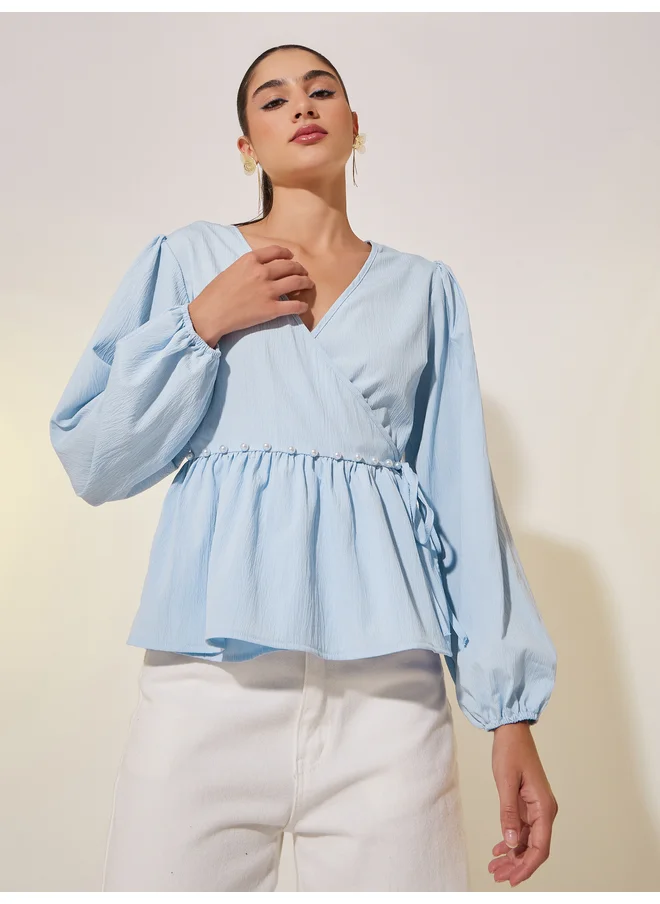 تايك تو Take Two Solid Long Sleeve Pearl Detail Wrap Top