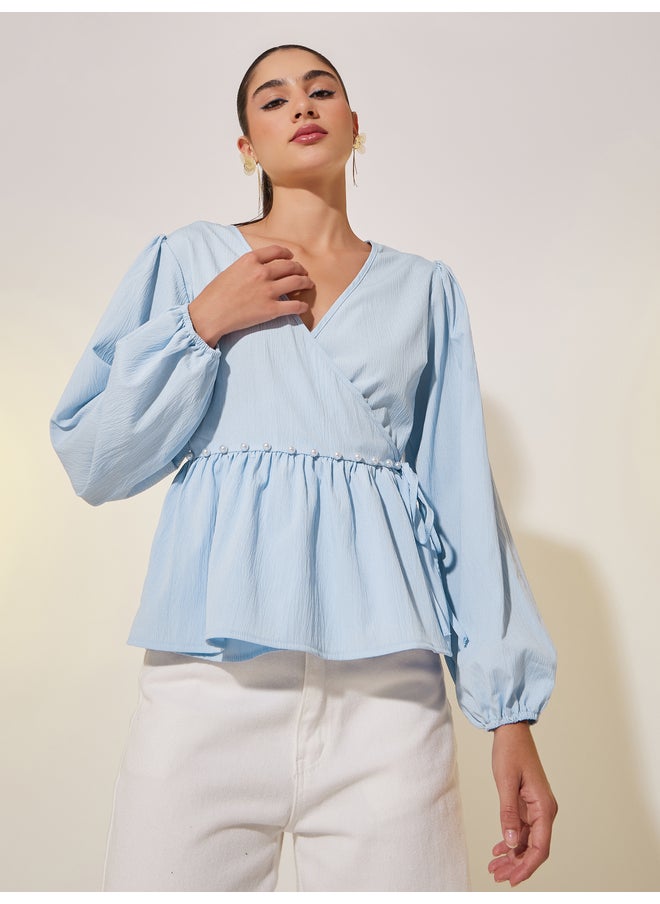 Take Two Take Two Solid Long Sleeve Pearl Detail Wrap Top  - Image 1