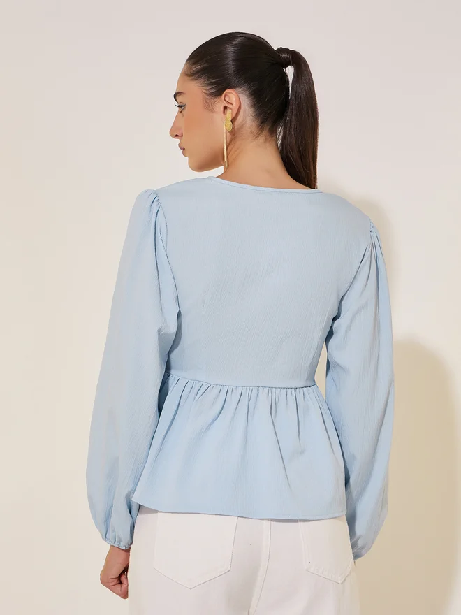 Take Two Take Two Solid Long Sleeve Pearl Detail Wrap Top