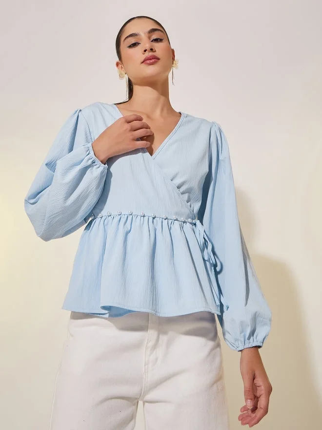 Take Two Take Two Solid Long Sleeve Pearl Detail Wrap Top